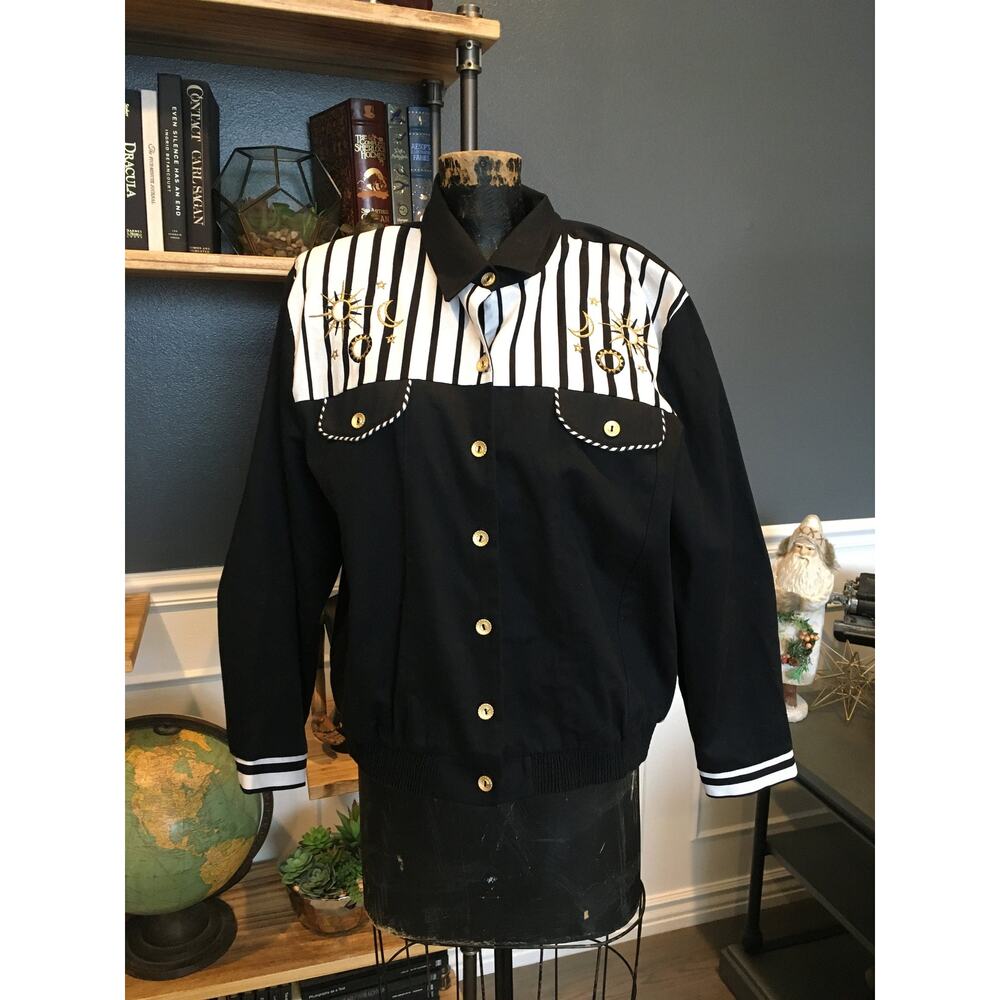 80s Peter Popovitch, Black-White, Windbreaker, Jacket, Buttons, Elastic Waist,